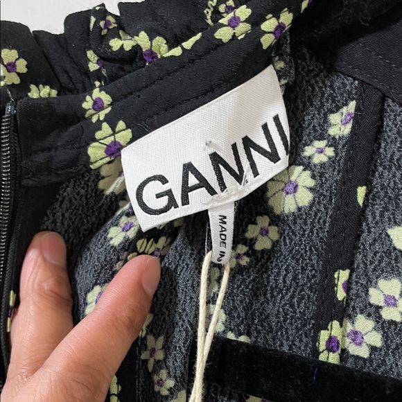 Ganni Crepe Margarita Black Mini Dress with Green Floral Lattice - Picture 14 of 17